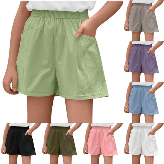 Jinhomg Kids Girls Casual Shorts Baggy Drawstring Waist Wide Leg Shorts Lightweight Solid Summer Short Pants with Pockets Comfy Daily Wear Green 11 Years