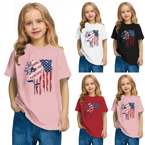 Jinhomg Kids Holiday T Shirts 4th of July America Flag Graphic Tees Boys Girls Comfy Cotton Short Sleeve Tees Red White and Blue Patriotic Tops White 5 Years