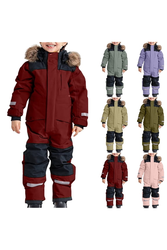 Kids One Pieces Ski Suits Winter Outdoor Waterproof Windproof Overalls Trendy Long Sleeve Faux Fur Trim Hood Snowboarding Suits Purple 120