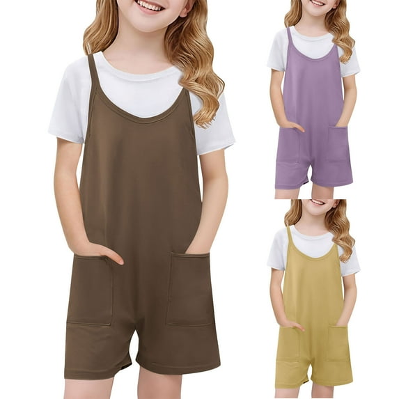 Jinhomg Kids Short Overalls Cute Spaghetti Straps Jumpsuits Casual Solid Color Crew Neck Rompers with Pockets Beige 5 Years