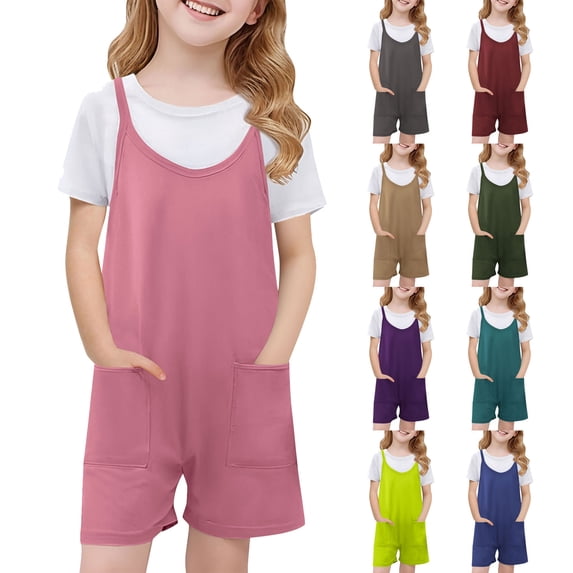 Jinhomg Kids Short Overalls Cute Spaghetti Straps Jumpsuits Casual Solid Color Crew Neck Rompers with Pockets Pink 9 Years