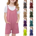 thumbnail image 1 of Jinhomg Kids Short Overalls Cute Spaghetti Straps Jumpsuits Casual Solid Color Crew Neck Rompers with Pockets Purple 5 Years, 1 of 9