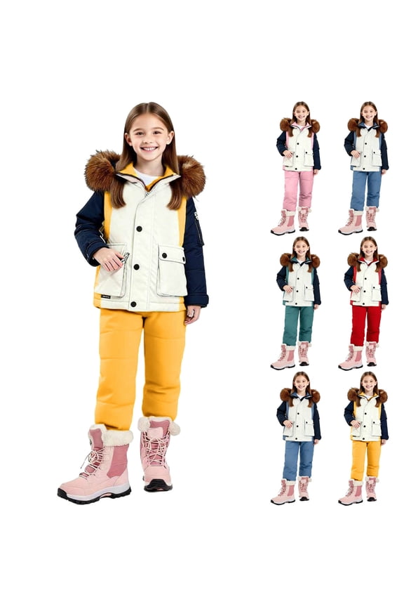 Kids Snow suit Boys Girls Hooded Puffer Winter Jacket and Snowpants Set Overalls Color Block Waterproof Snowboarding Skisuits