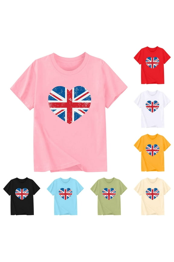 Kids Summer Tee Shirts Short Sleeve British Flag Graphic T-Shirt Lightweight Comfy Crew Neck Everyday Tops Pink 9 Years