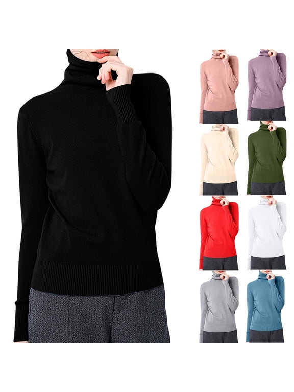 Knitted Sweater Tops for Women Long Sleeve High Neck Stretchy Lightweight Blouse Plain Casual Slim Base Undershirt Black,L