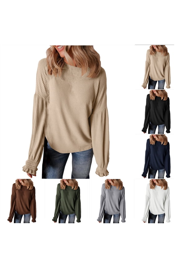 Knitted Sweatshirt for Women Casual Solid Color Fall Lounge Tops Loose Fit Comfy Long Ruffle Sleeve Crewneck Knit Pullover Army Green XXL