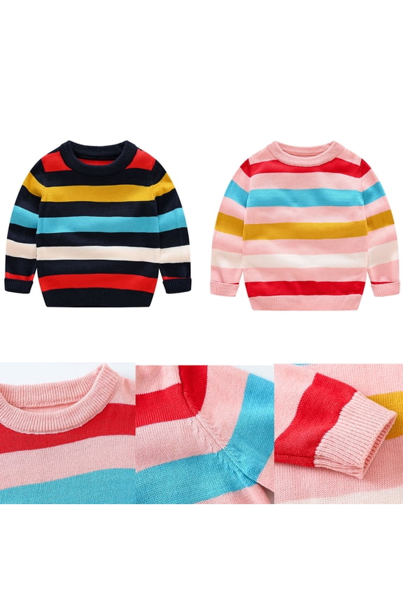 Knitted Tops for Toddler Casual Striped Print Crewneck Sweater Boys Girls Comfy Long Sleeve Pullover Jumper Daily Wear Pink 5-6 Years