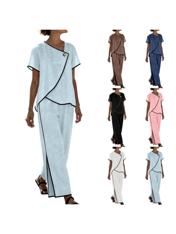 L Women's Contrast Trim Asymmetrical Wrap 2 Piece Set, Short Sleeve Linen Top with Gold Button & Split Hem Pants, Trendy Summer Casual Outfit Light Blue