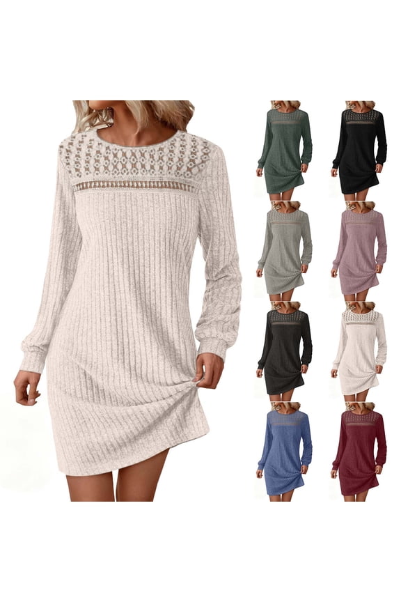 Lace Dresses for Women Long Sleeve Eyelet Ribbed Knit Mini Dress Loose Fit Casual Dresses Spring Clothes Outfits