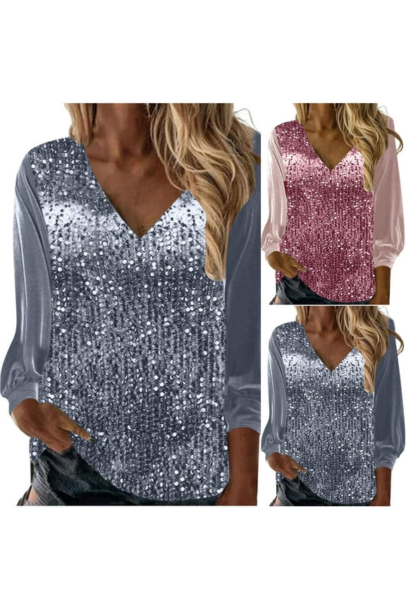 Ladies Sequin Shirts Plus Size Casual V Neck Long Sleeve Blouse Trendy Velet Sparkly Glitter Tunic Tees Shirt Pink,M