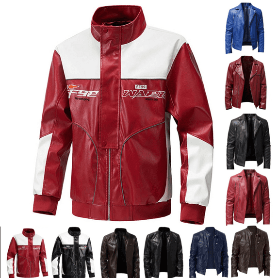 Jinhomg Leather Jacket Men Solid Color Stand Collar Vintage Motorcycle Biker Jackets Leather Long Sleeve Autumn Winter Stand Collar Coat