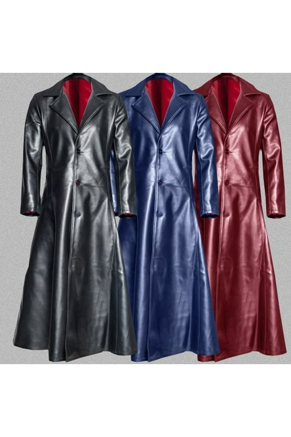 Leather Trench Coat Mens Big And Tall Full Length Classic Faux Leather Duster Coat Motorcycle Jacket Long Warm Winter Overcoat for Men Red,M