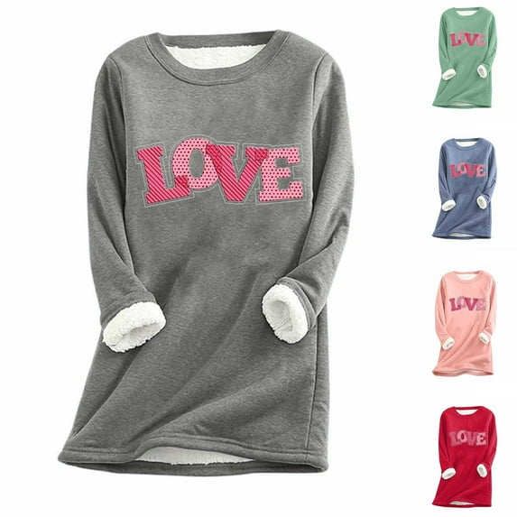 Jinhomg Letter Print Sweatshirt for Women Fall Winter Warm Cozy Sherpa Lined Loungewear Tunic Tops Plus Size Casual Long Sleeve Pullovers Prime Day 2025 Green L