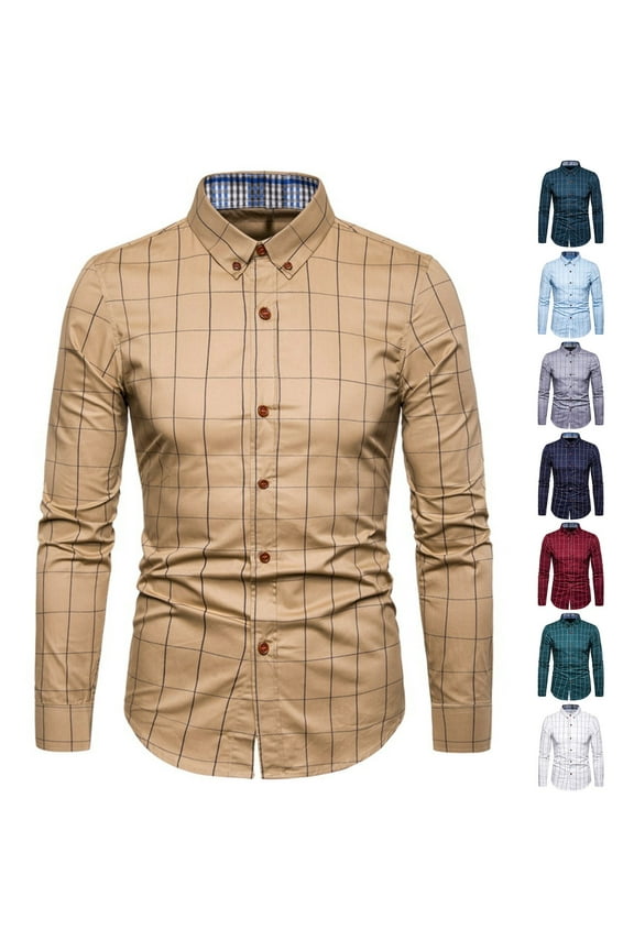 Lightweight Button Down Shirt Men Slim Fit Long Sleeve Dress Shirts Oversized Plaid Collared Business Work Shirt Gray,XXL