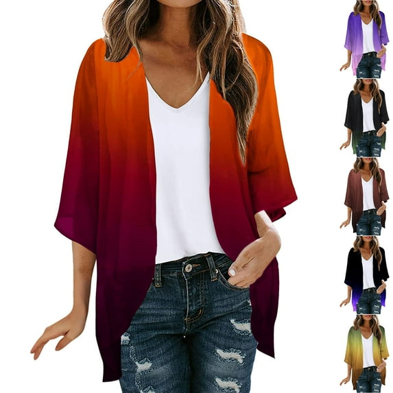 Jinhomg Lightweight Cardigan for Women Flowy Comfy 3/4 Puff Sleeve Chiffon Shirts 2025 Trendy Gradient Kimono Cardigan Vacation Beach Cover Up Tops Summer Saving Blue L