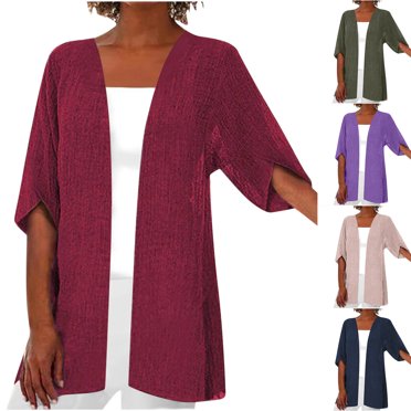 Jinhomg Lightweight Cardigans for Women Summer Casual Solid Open Front Kimono Cardigan Loose Fit Short Sleeve Beach Cover Ups Vacation Wear Fall Saving Brown L