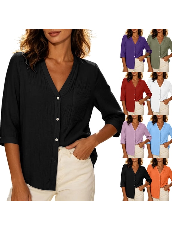 Lightweight Cardigans for Women 3/4 Sleeve Button Down Cardigan Cotton Linen Open Front Cardigans Fall Going Out Womens Tops 2026 Orange,L