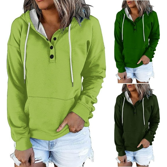 Jinhomg Lightweight Comfy Sweatshirt for Women Dressy Casual Long Sleeve Solid Pullovers Fall Loose Fit Button Up Kangaroo Pocket Hoodies with Drawstring Winter Saving Green XXL