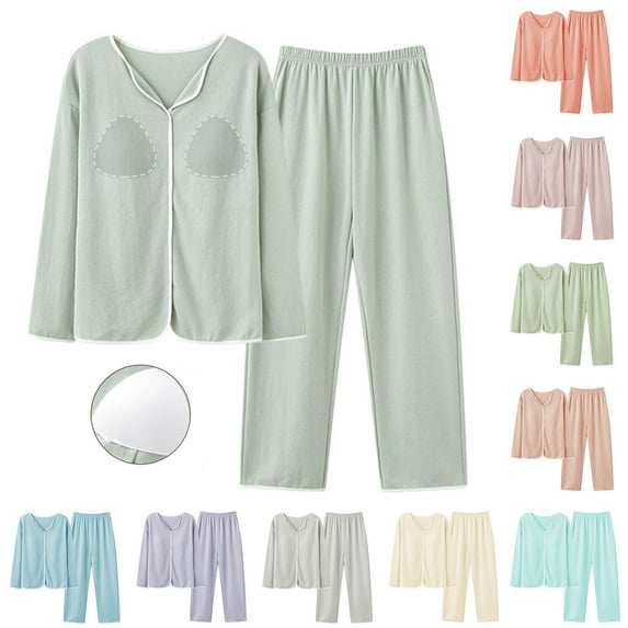 Jinhomg Lightweight Cozy Pajamas for Women 2 Piece Plus Size Loungewear Fall Casual Long Sleeve Tops with Built In Bras and Elastic Waist Pants Khaki XL