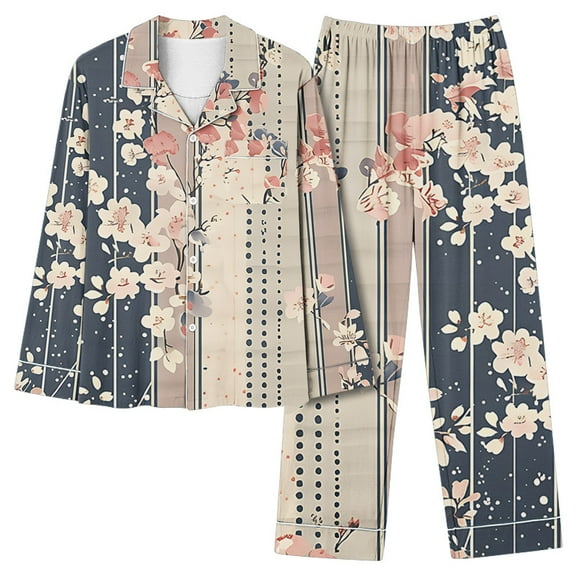 Jinhomg Lightweight Cozy Sleepwear for Women 2 Piece Cute Floral Print Pajamas Sets Casual Long Sleeve Button Down Tops and Straight Pants Sets Khaki M