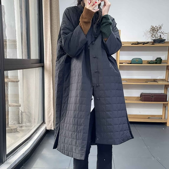 Jinhomg Lightweight Down Jacket for Women Fall Winter Cozy Long Length Frog Button Puffer Coat Casual Loose Long Sleeve Outerwear Flash Deals of The Day Navy XL