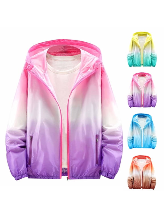 Lightweight Jacket for Womens Gradient Print Water-Resistant Jacket UV Long Sleeve Full Zip Windproof Jackets with Pockets Blue,XXXL