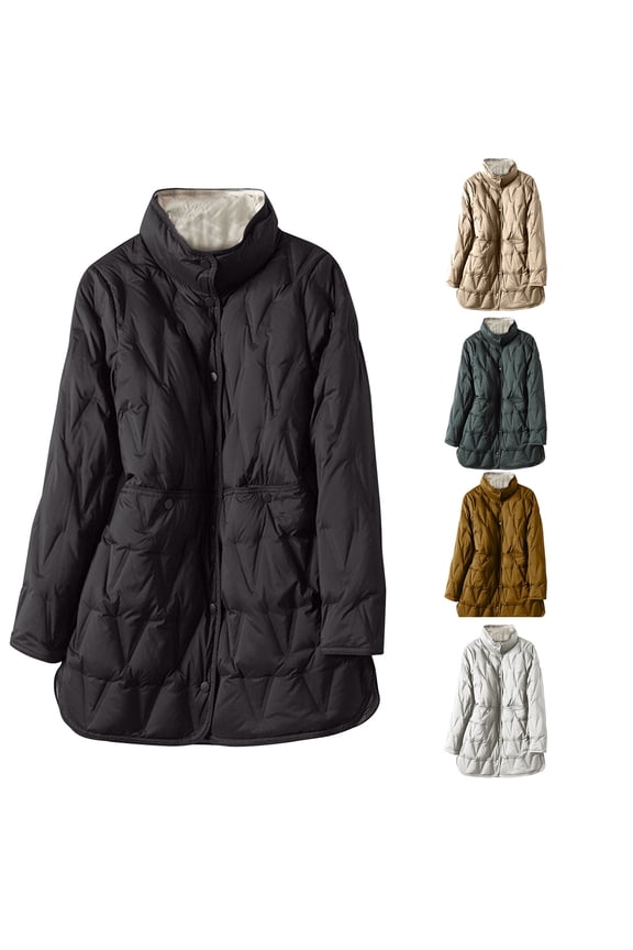 Lightweight Long Puffer Jacket for Women Fall Comfort Button Down Mock Neck Coat Thermal Long Sleeve Outerwear Daily Wear Winter Saving Coffee M