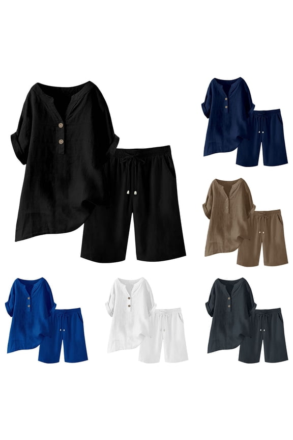 Linen Sets for Women 2 Piece Long Sleeve V Neck Button Pullover Tops And Drawstring Shorts Loungewear Comfy Suit Navy,M