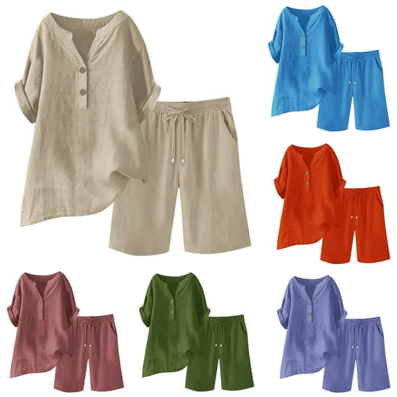 Jinhomg Linen Sets for Women 2 Piece Long Sleeve V Neck Button Pullover Tops And Drawstring Shorts Loungewear Comfy Suit Orange,S