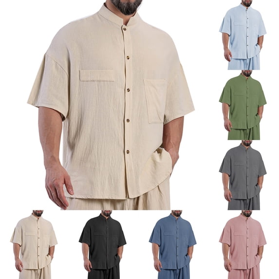Jinhomg Linen Shirts for Men Lightweight Comfy Short Sleeve Cotton Shirt Casual Button Down Summer Beach Hawaiian Shirts with Pocket 90 Percent off Clearance Sale Army Green XXL