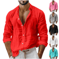 thumbnail image 1 of Jinhomg Linen Shirts for Men Casual Lightweight Button Up Band Collar T Shirt Long Sleeve Pleated Loose Cotton Cardigan Tops Black,XL, 1 of 7