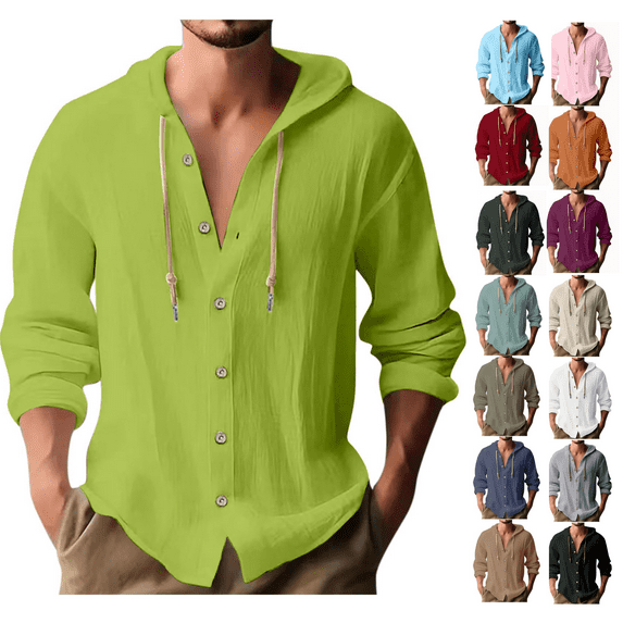 Jinhomg Linen Shirts for Men with Hood Long Sleeve Button Down Hooded Shirts Lightweight Quick Dry Workout Hoodies Gauze Tops Wine,XXXL