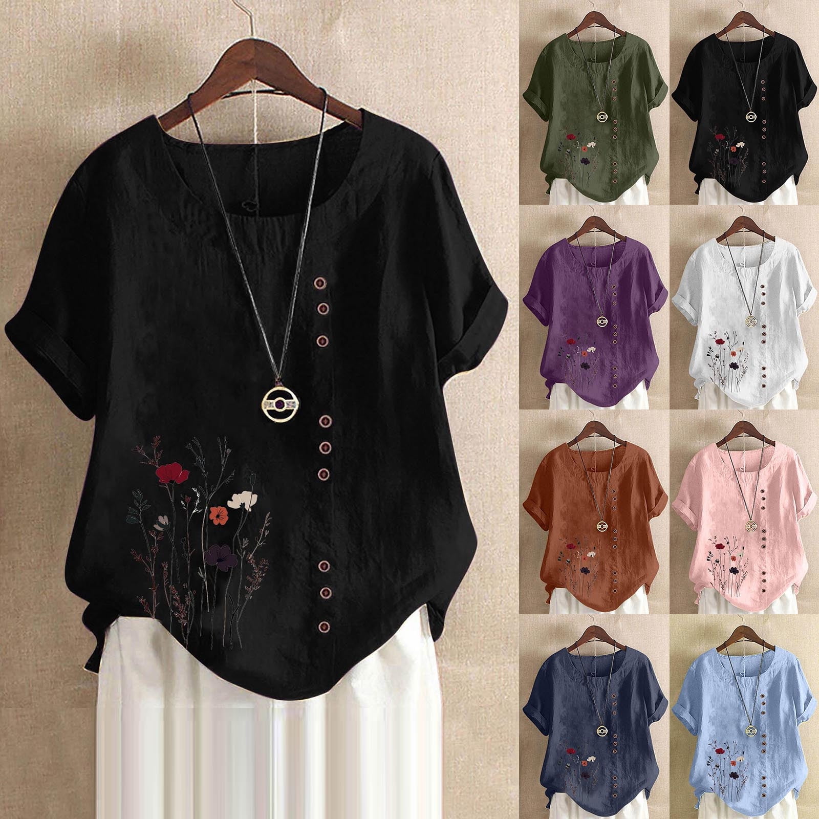 Jinhomg Linen Shirts for Women Plus Size Short Sleeve Crew Neck Buttons ...