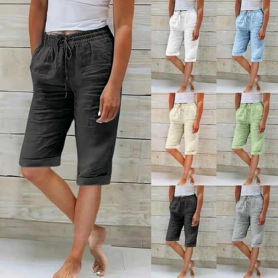 Jinhomg Linen Shorts for Women Casual Comfy Elastic Drawstring Waist Bermuda Shorts Lightweight Straight Leg Summer Vacation Beach Shorts with Pockets Green XL