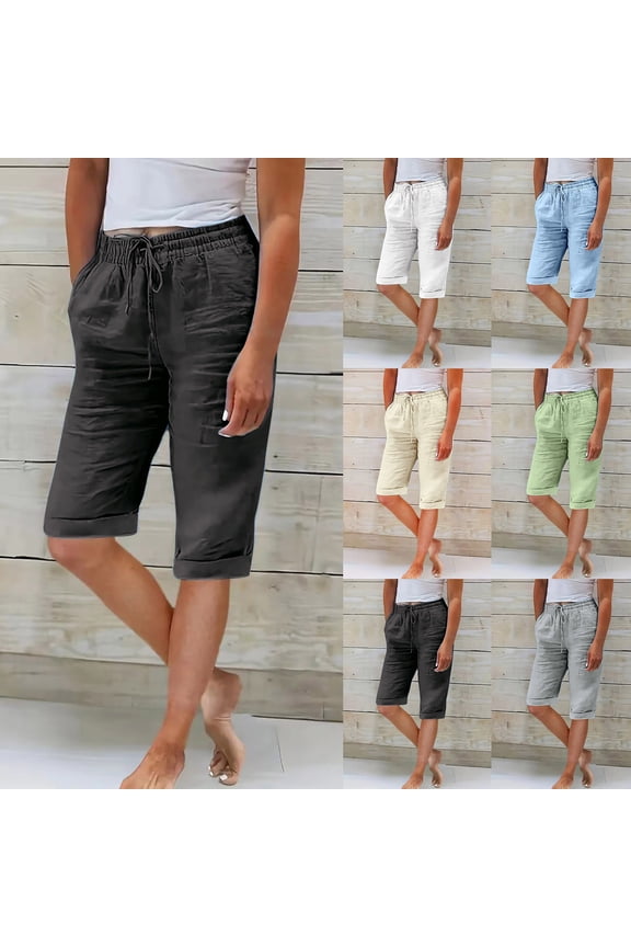 Linen Shorts for Women Casual Comfy Elastic Drawstring Waist Bermuda Shorts Lightweight Straight Leg Summer Vacation Beach Shorts with Pockets Winter Saving Gray XXL