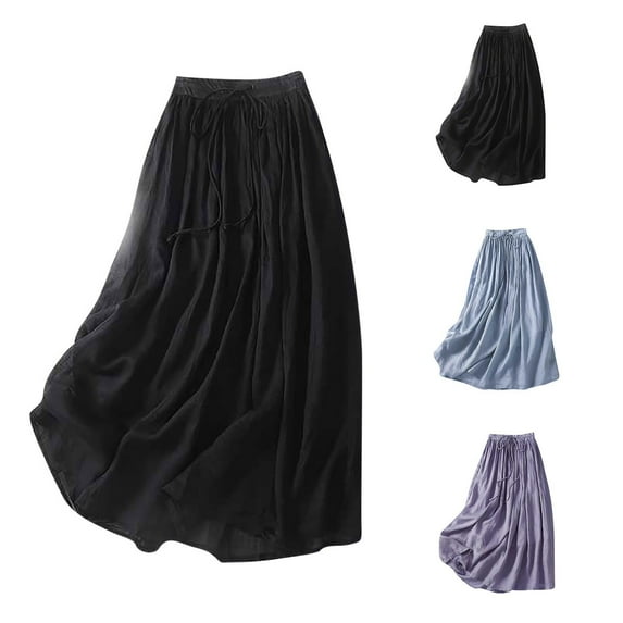 Jinhomg Linen Skirts for Women Flowy Casual A Line Spring Summer Skirts Lightweight Comfy Elastic Drawstring Waist Midi Skirts Vacation Beachwear Blue XXL