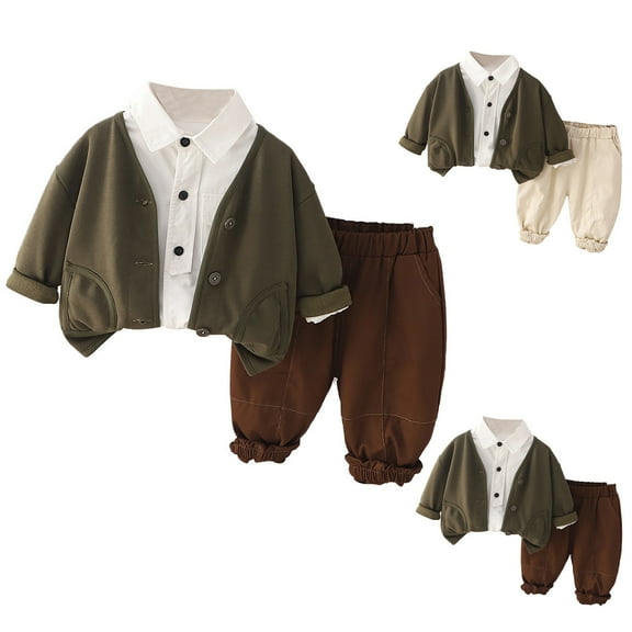 Jinhomg Little Boys Girls Casual Outfits Comfy Long Sleeve Button Down Shirt with Cardigan and Elastic Waist Pants 3 Piece Fall Cotton Set Summer Saving Brown 12-24 Months