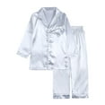 thumbnail image 1 of Jinhomg Little Boys Girls Pajama Set Toddler Kids 2 Piece Stain Silk Outfits Long Sleeve Button Down Shirts and Wide Leg Pant Suits Prime Day 2024 Silver 10 Years, 1 of 8