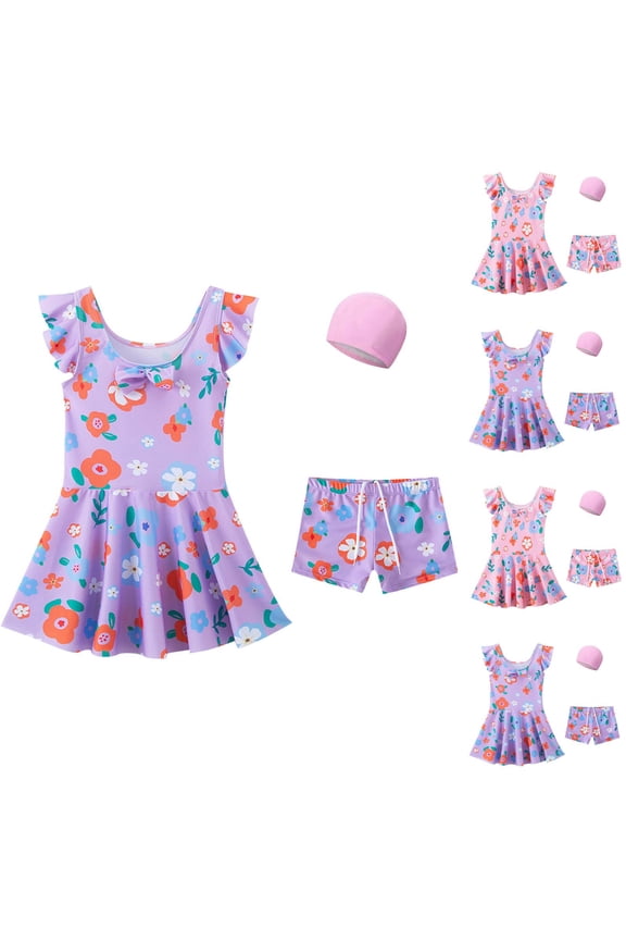 Little Girls Cute Swimsuits 3 Piece Elegant Floral Print Bathing Suits Breathable Sleeveless Swim Dress with Swimming Shorts and Hat Winter Saving 12 Years Pink