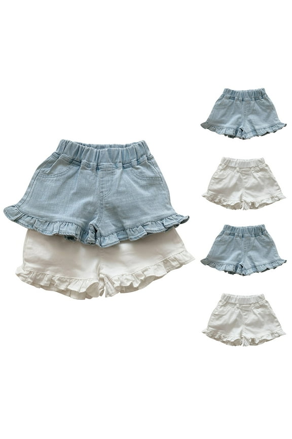 Little Girls Denim Shorts Cute Ruffle Hem Jean Shorts Toddler Kids Casual Comfy Elastic Waist Summer Short Pants White 2 Years