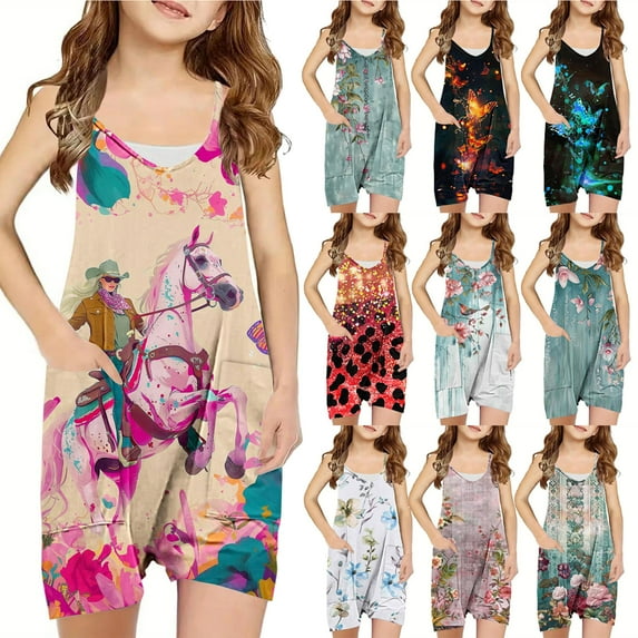 Jinhomg Little Girls Jumpsuit Cute Floral Printed Overall Pants Casual Loose Fit Spaghetti Straps Onesie Summer Shorts Toddler Kids Romper with Pocket Sales Today Clearance Multicolor 11 Years