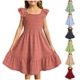 thumbnail image 1 of Jinhomg Little Girls Summer Dresses Cute Double Layer Smocked Dress Flowy Ruffle Sleeve Midi Length Dress Big Kids Casual Everyday Dresses Red 7 Years, 1 of 9