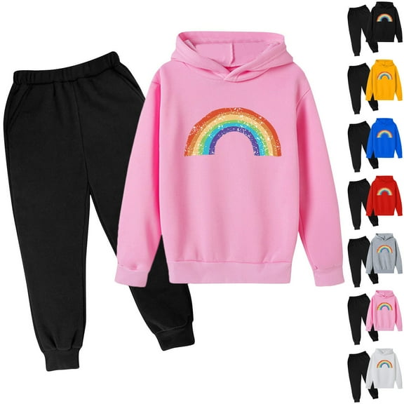 Jinhomg Little Kids Fall Winter Clothes 2 Piece Boys Girls Casual Sweatsuits Cute Rainbow Print Hooded Sweatshirts and Elastic Waist Solid Sweatpants Set Red 7 Years