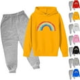 thumbnail image 1 of Jinhomg Little Kids Fall Winter Outfits Toddler 2 Piece Casual Sweatsuits Cute Rainbow Print Hooded Sweatshirts and Elastic Waist Solid Sweatpants Suit Spring Saving Red 13 Years, 1 of 1