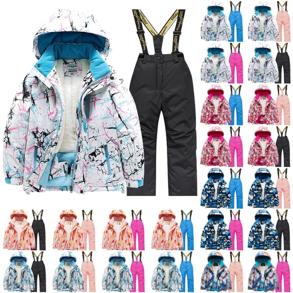 Jinhomg Little Kids Winter Snowsuit Set 2 Piece Ski Suits Faux Trim Hooded Puffer Jacket and Snow Bib Pants Ski Suits Warm Outdoor Outfits Blue 7 Years