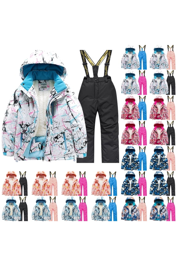 Little Kids Winter Snowsuit Set 2 Piece Ski Suits Faux Trim Hooded Puffer Jacket and Snow Bib Pants Ski Suits Warm Outdoor Outfits Blue 7 Years
