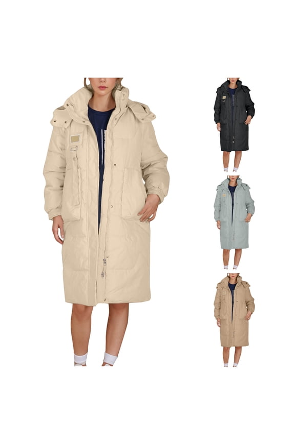 Long Down Jacket for Women Fall Winter Warm Double Closure Hooded Coat Heavyweight Comfy Long Sleeve Puffer Jacket with Pockets Clearance Items for Women Khaki XXL