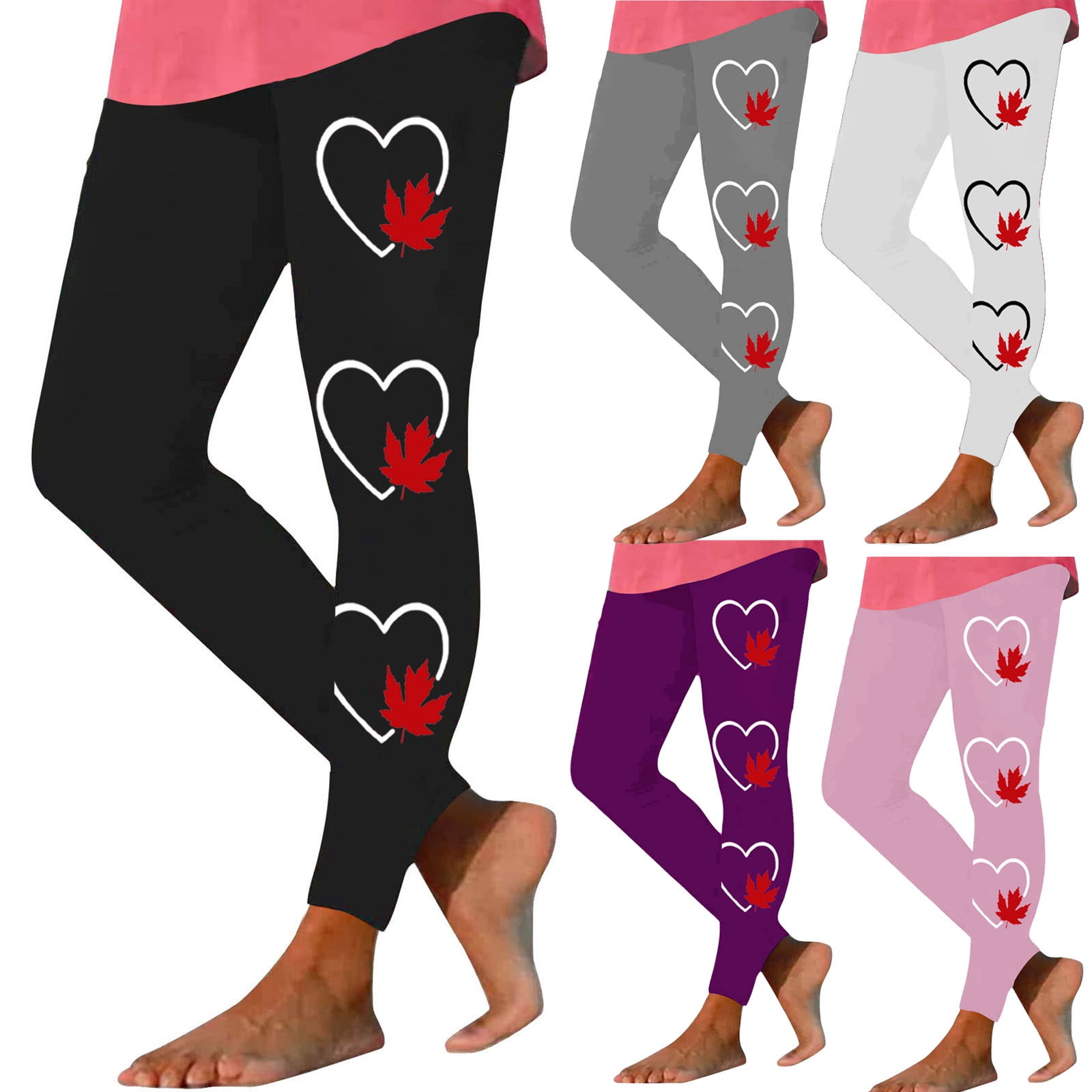 Jinhomg Long Leggings for Women Cute Maple Leaf Love Print Leggings Casual Stretch Yoga Pants ...