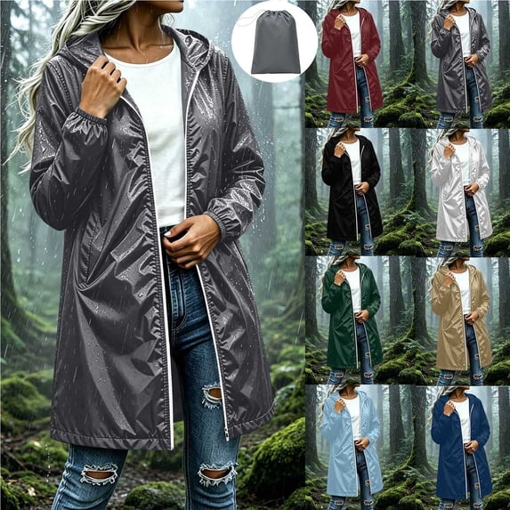 Jinhomg Long Raincoats Women Packable Lightweight Rain Jacket Hood Long Sleeve Windbreaker Waterproof Outdoor Hiking Travel Trench Coats White,XL