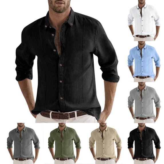 Jinhomg Long Sleeve Cotton Linen Shirt for Men Casual Solid Button Up Summer Tops Lightweight Comfy Lapel Collar V-Neck Business Shirts Fall Saving Black XL